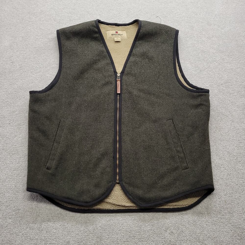 Woolrich Mens Large Sherpa Fleece Lined Wool Blend Full Zip Outdoor Vest Green